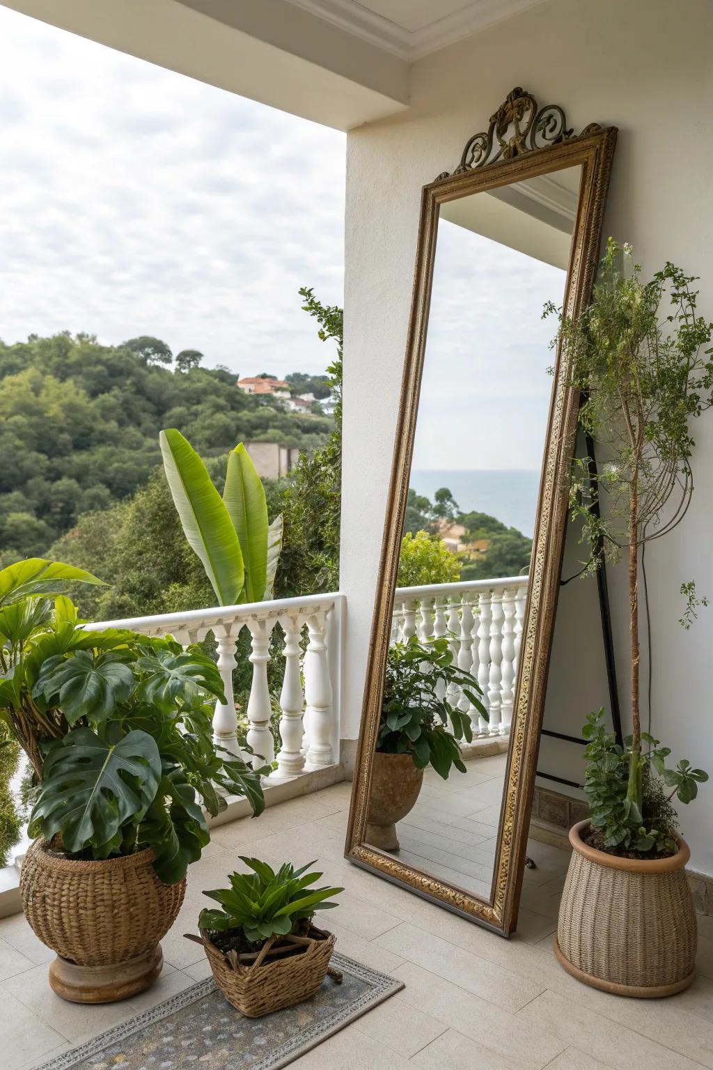 An outdoor mirror enhances light and space on your balcony.