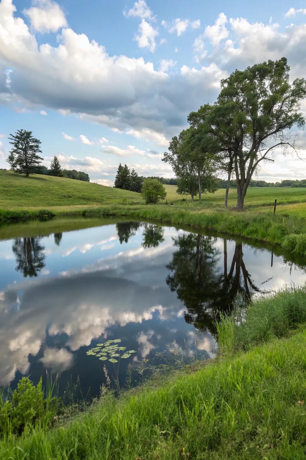A calm pond surface reflects the beauty of the sky and surroundings.