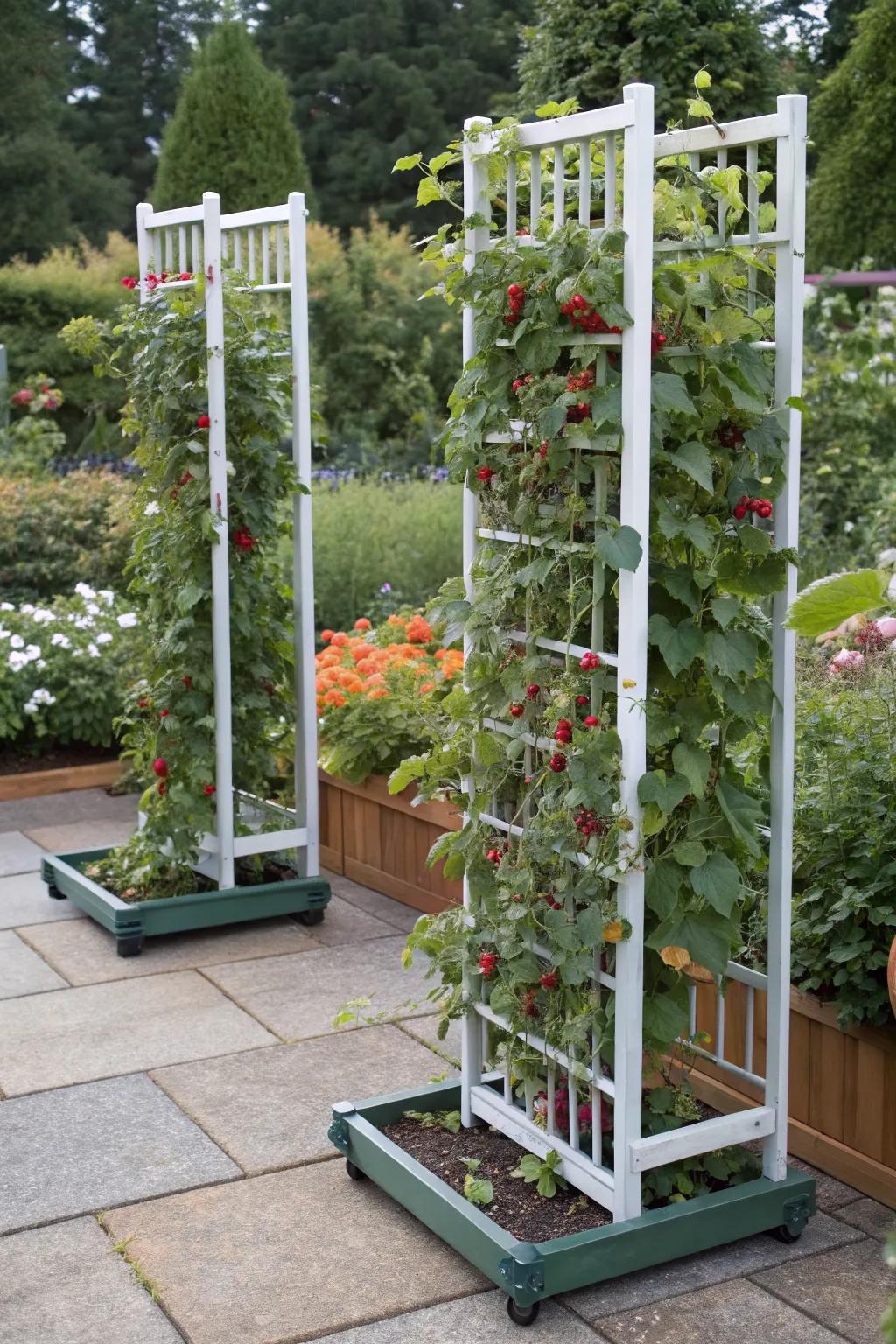 Portable trellis panels provide flexible support for dynamic garden layouts.