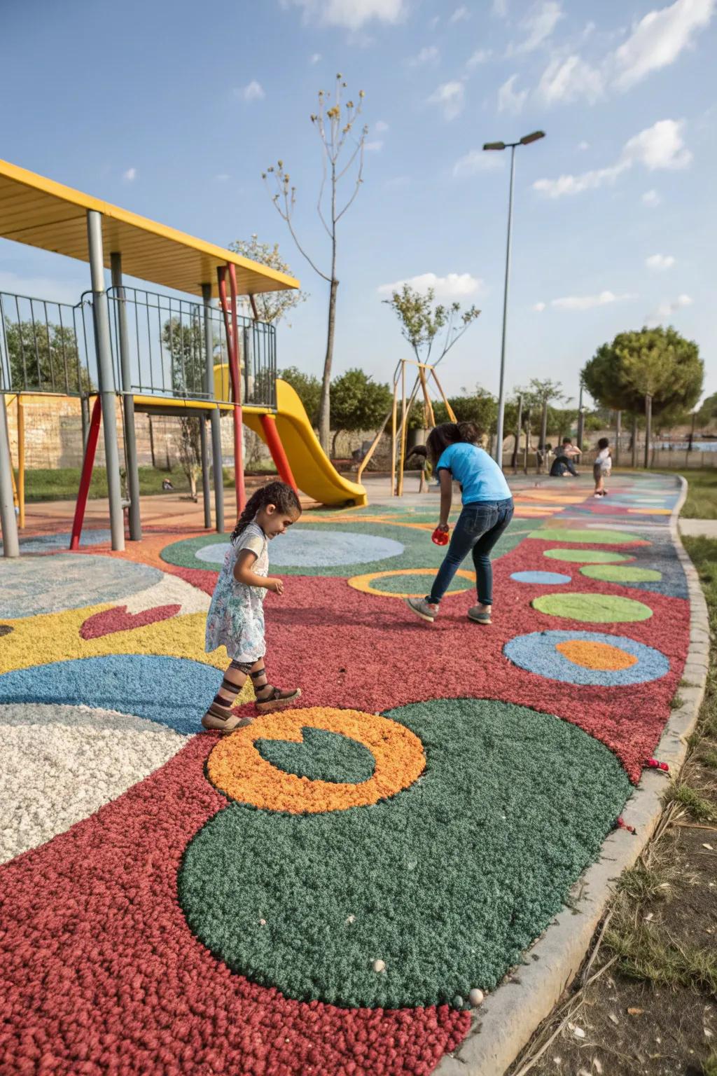 Colored gravel adds a vibrant, playful touch to playgrounds.