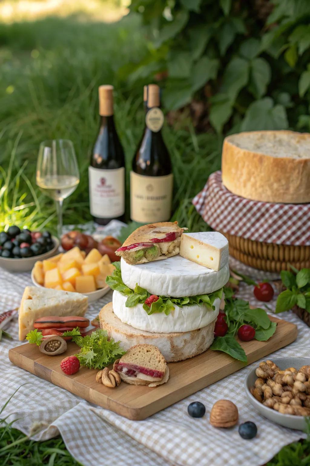A gourmet picnic featuring artisanal cheeses and delectable sandwiches.