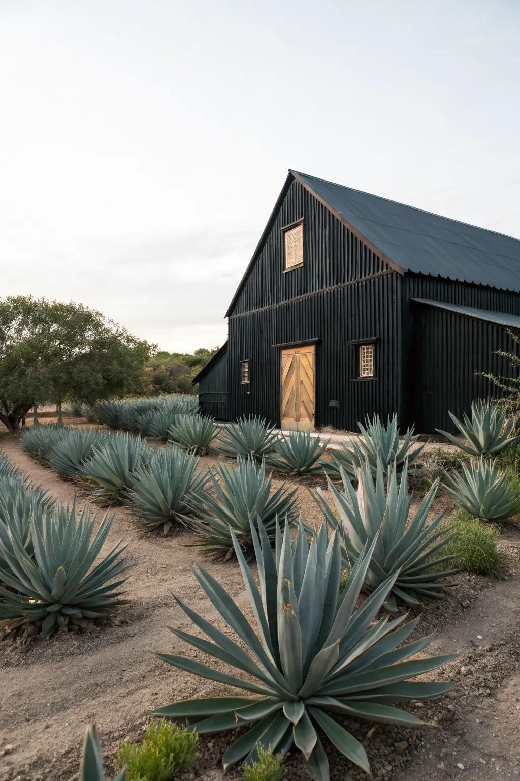 A black barn complemented by architectural agave plants.