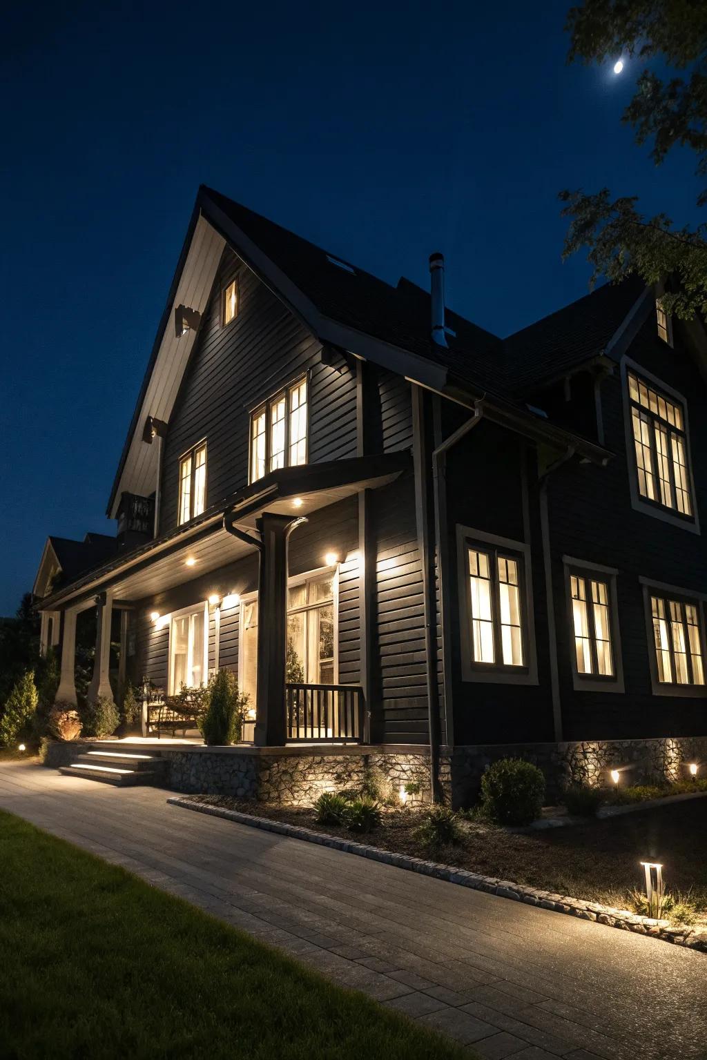 Bold lighting enhances the dramatic appeal of a black house.