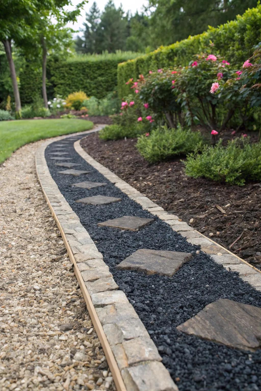 Weed-free pathways with crushed black granite and mulch.