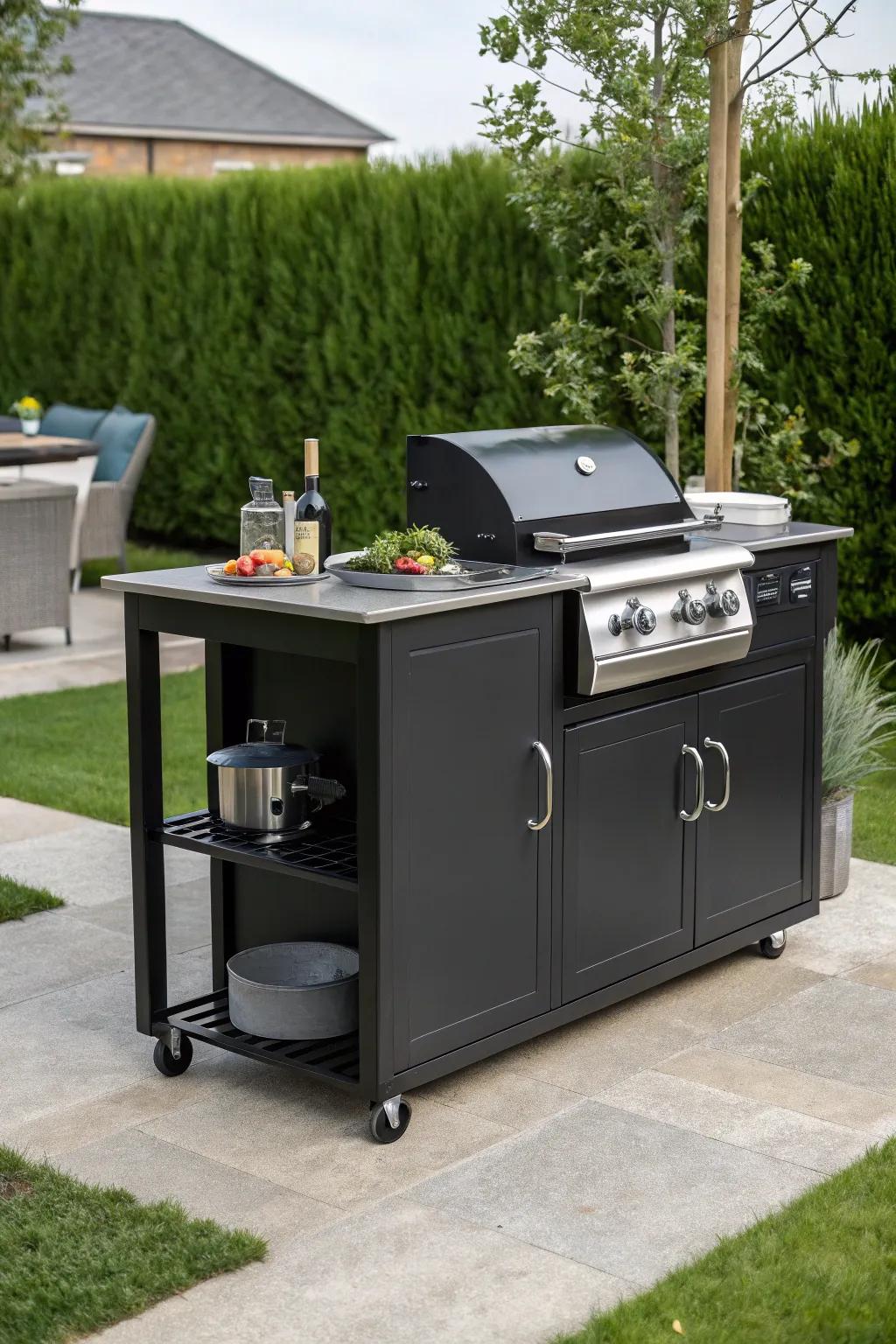 A portable kitchen island adds flexibility to the cooking area.