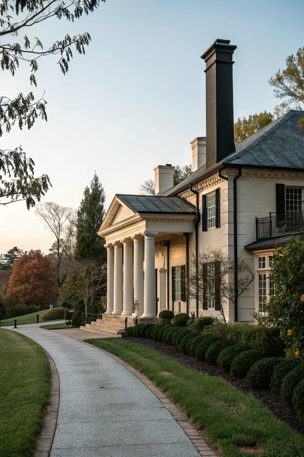 Classic elements and a black chimney add elegance to this home.