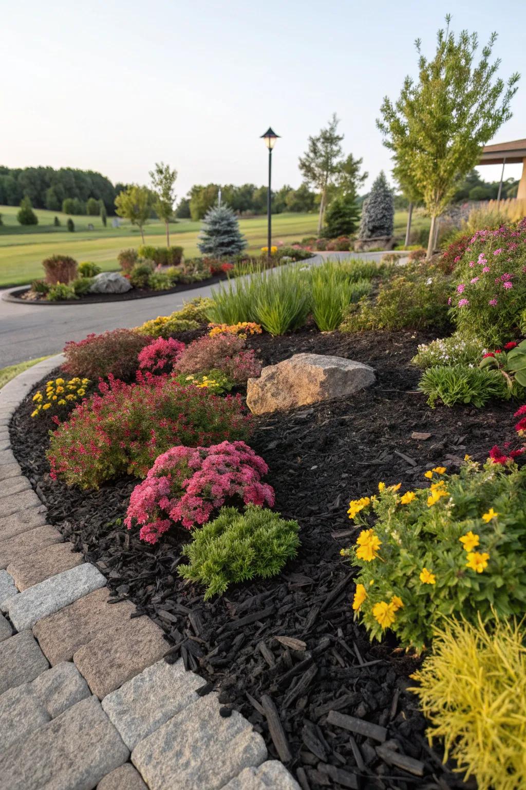 A visual garden masterpiece with mixed textures and black rubber mulch.