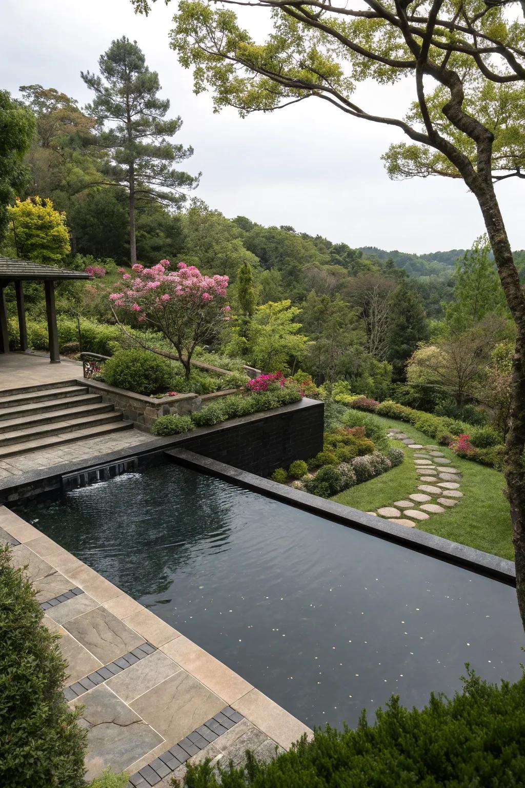 Multilevel poolscapes create an intriguing and dynamic outdoor setting.