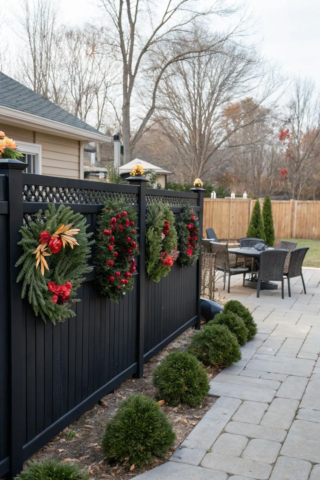 Seasonal decorations add festive charm to the fence.