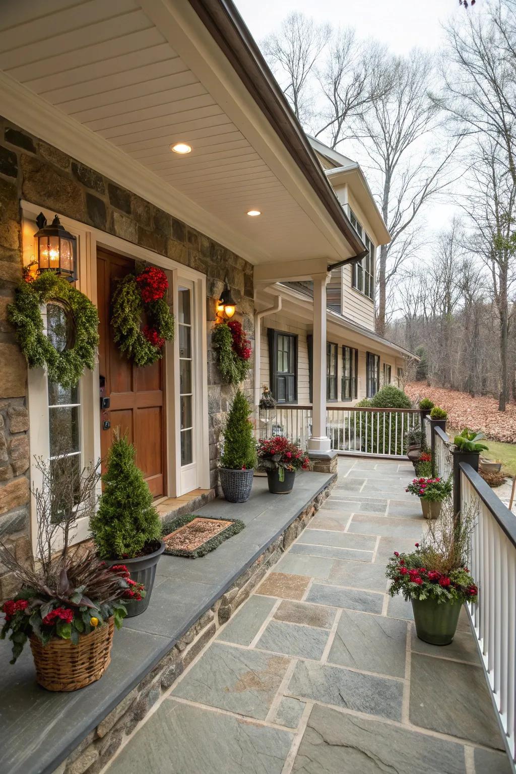 A bluestone porch adorned with seasonal decor.