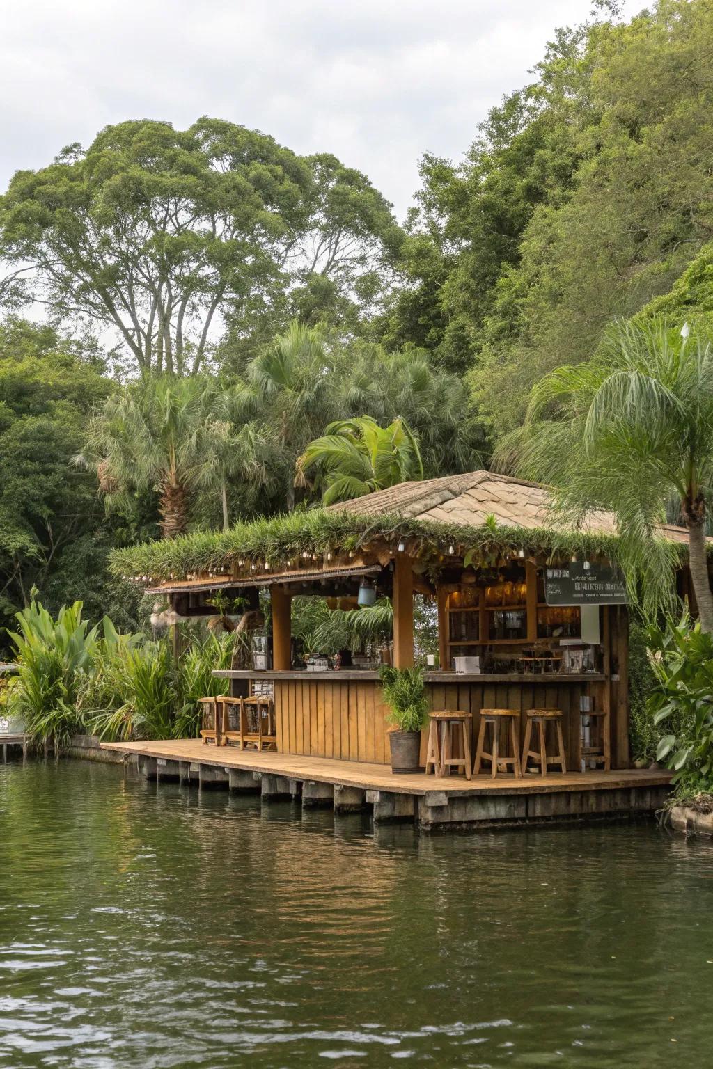 Eco-friendly materials create a sustainable and stylish dockside bar.