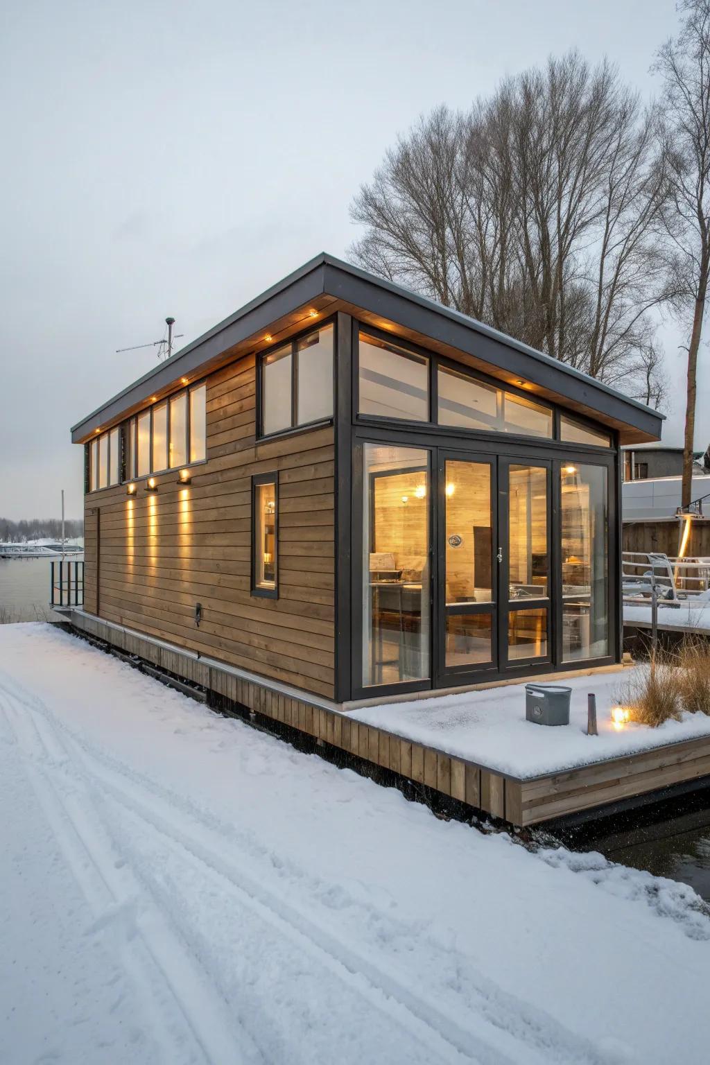A boat house designed for year-round use with insulation and heating.