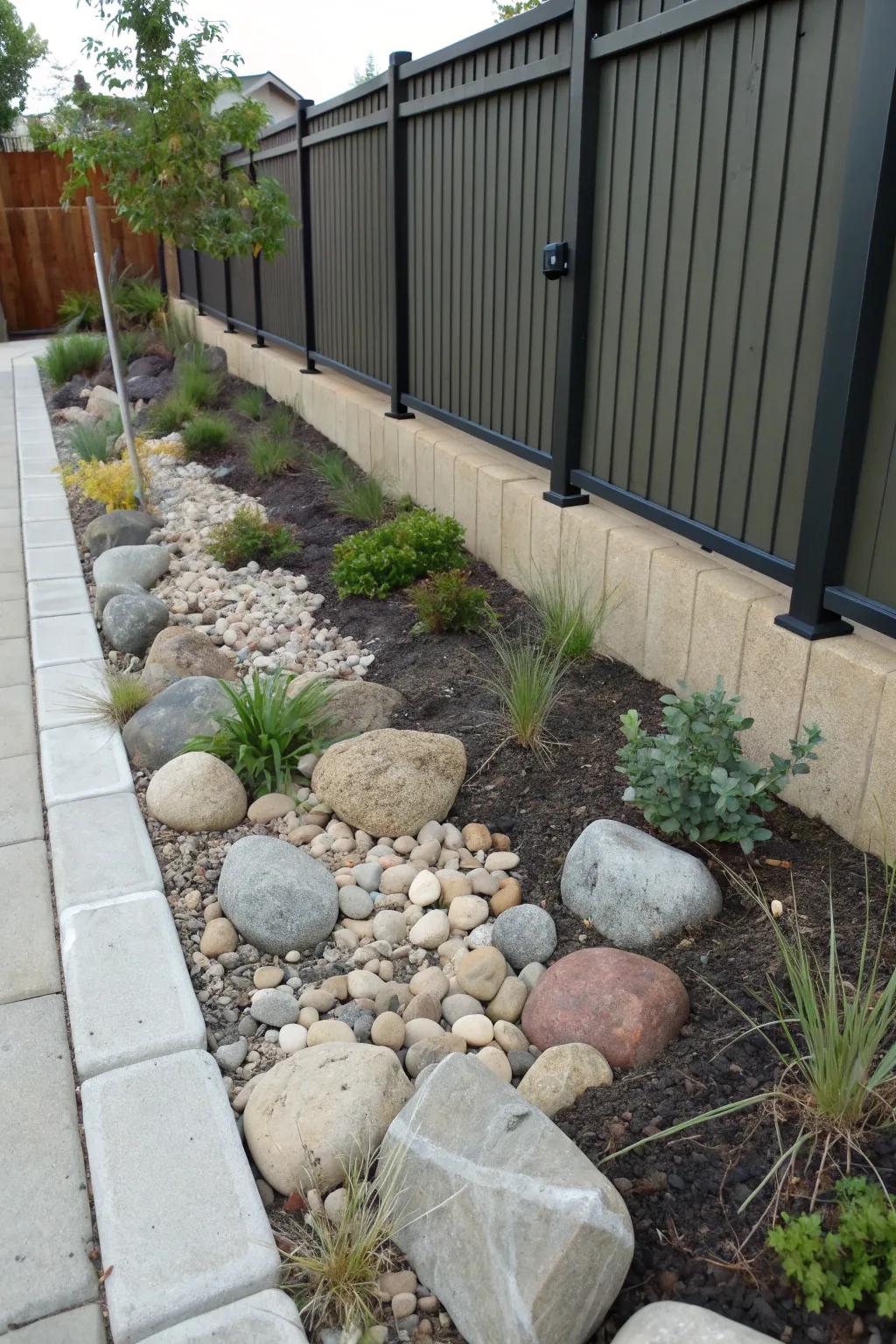 A rock garden adds a natural touch and fills gaps creatively.