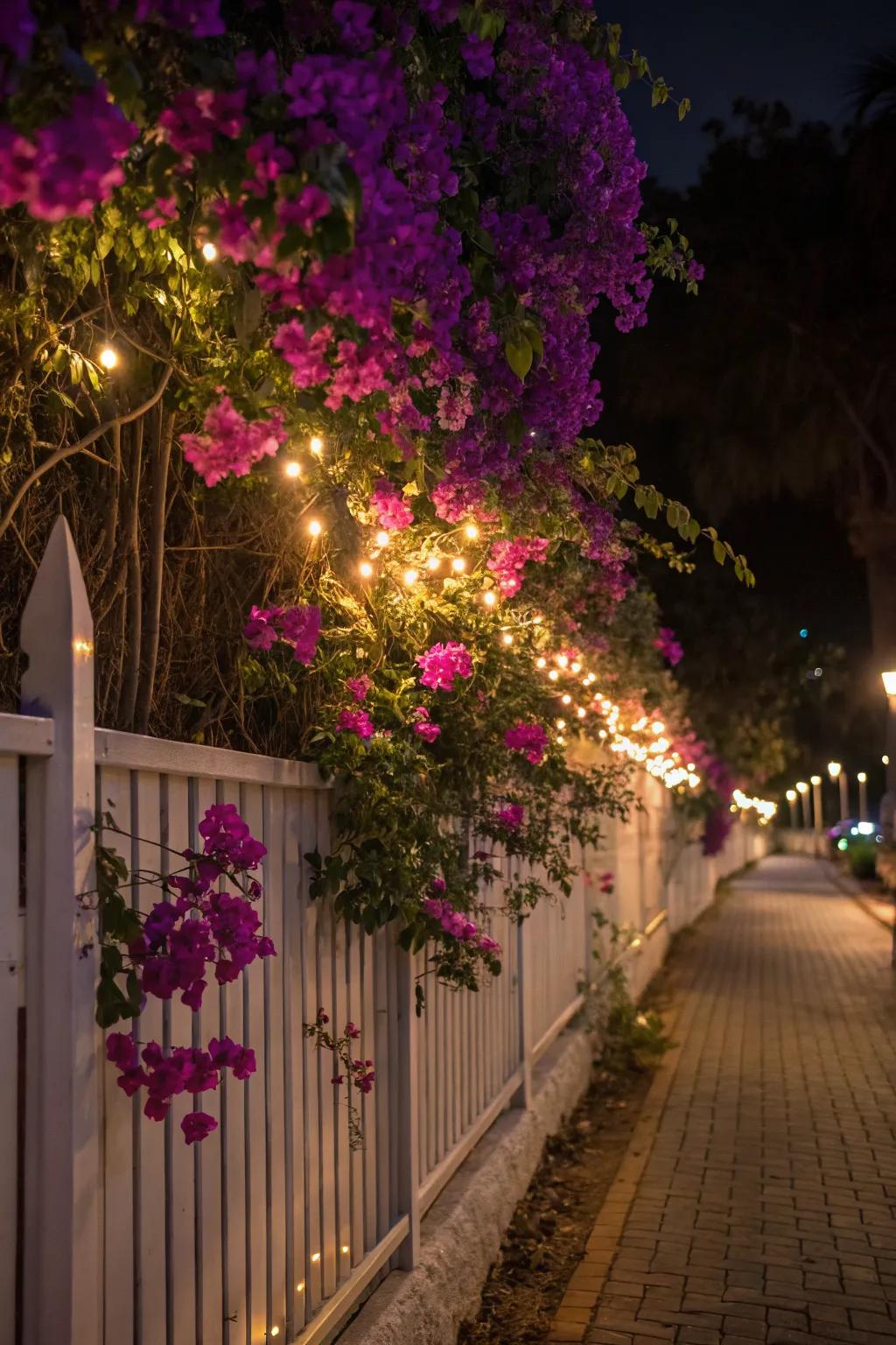Illuminate your bougainvillea fence for a magical evening.