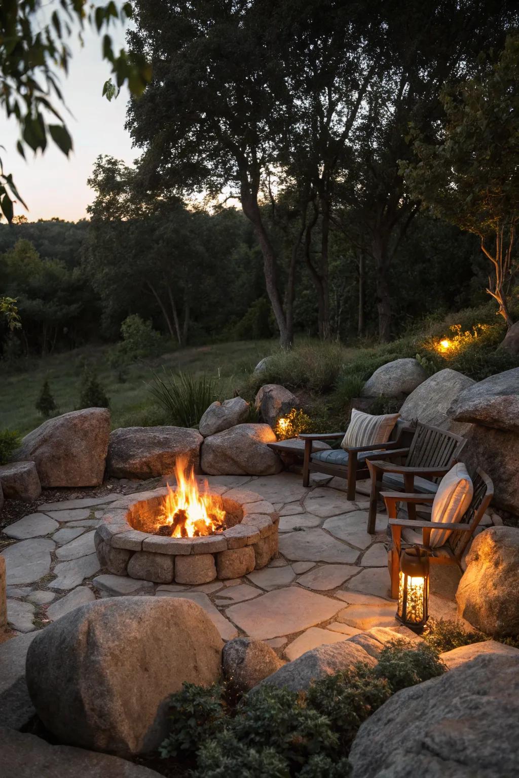 Bring warmth and style with a boulder-framed fire pit.