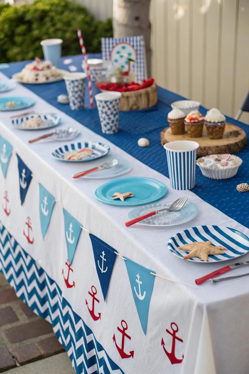 Nautical tablecloths enhance the party ambiance.
