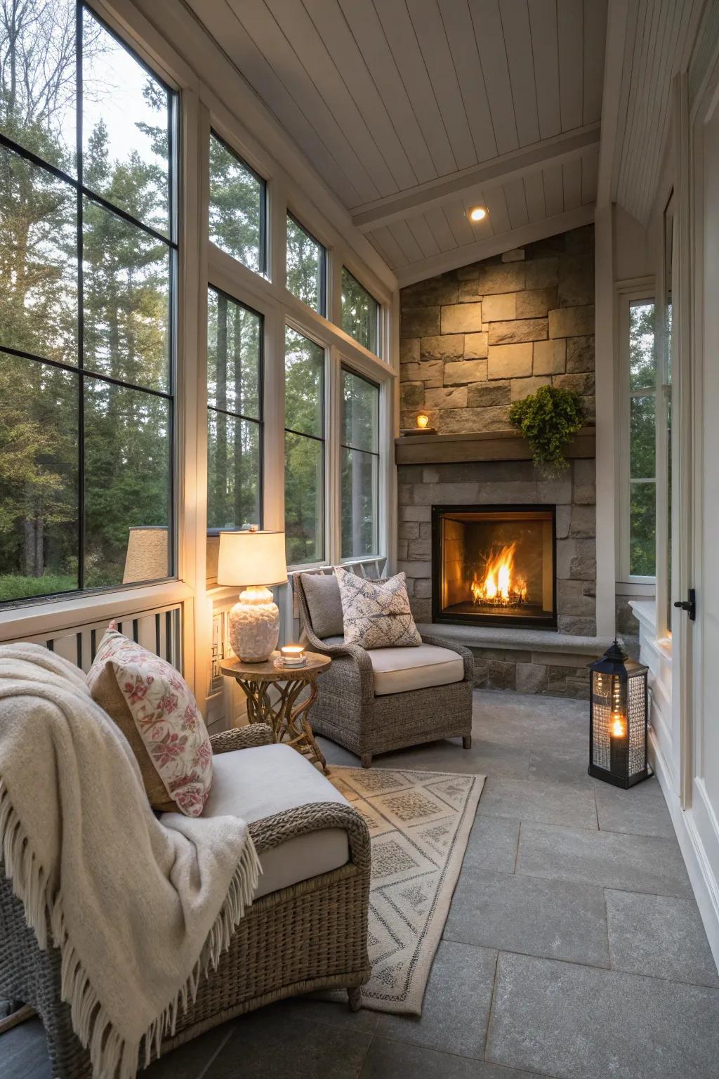 Create a cozy ambiance with a breezeway fireplace.