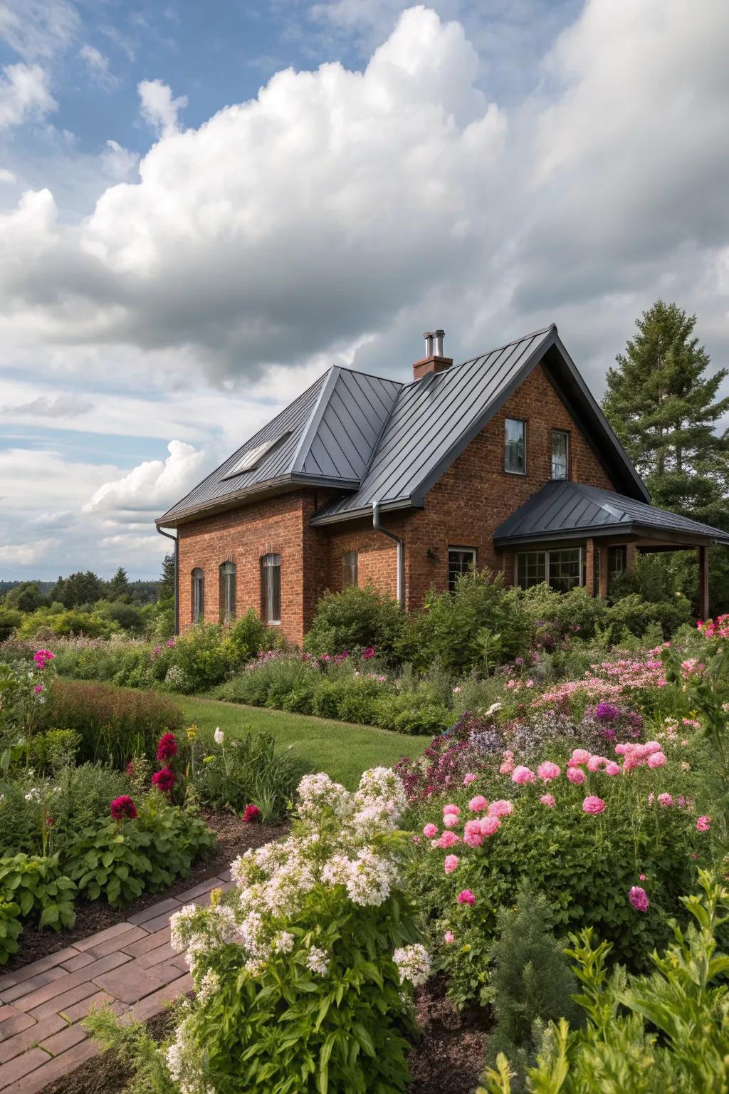 Metal roofs offer modern style and practical benefits for brick homes.