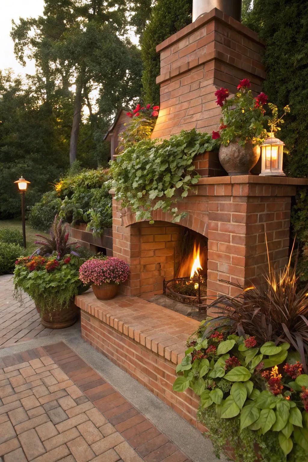 Built-in planters add a lush, natural touch to a fireplace.