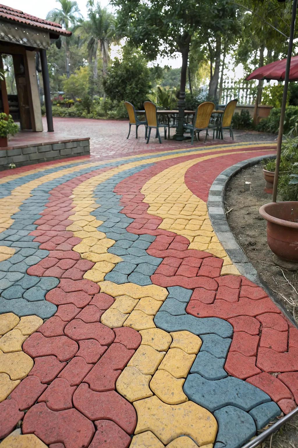 A vibrant patio showcasing a colored wave brick paver pattern.