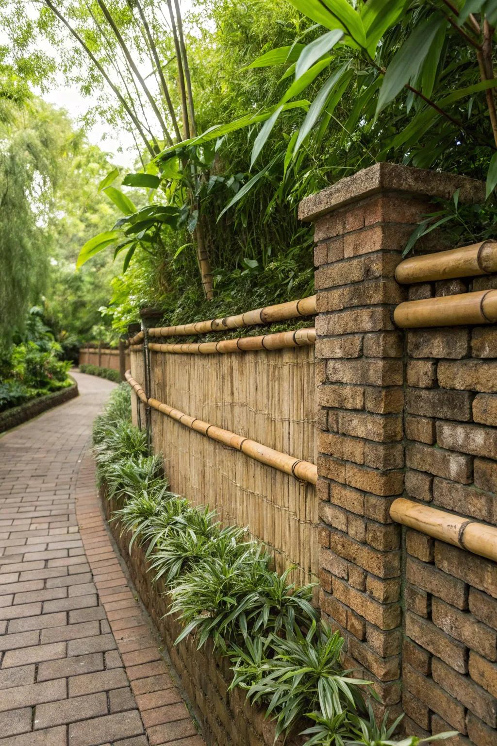 A harmonious blend of brick and bamboo in a tranquil garden setting.