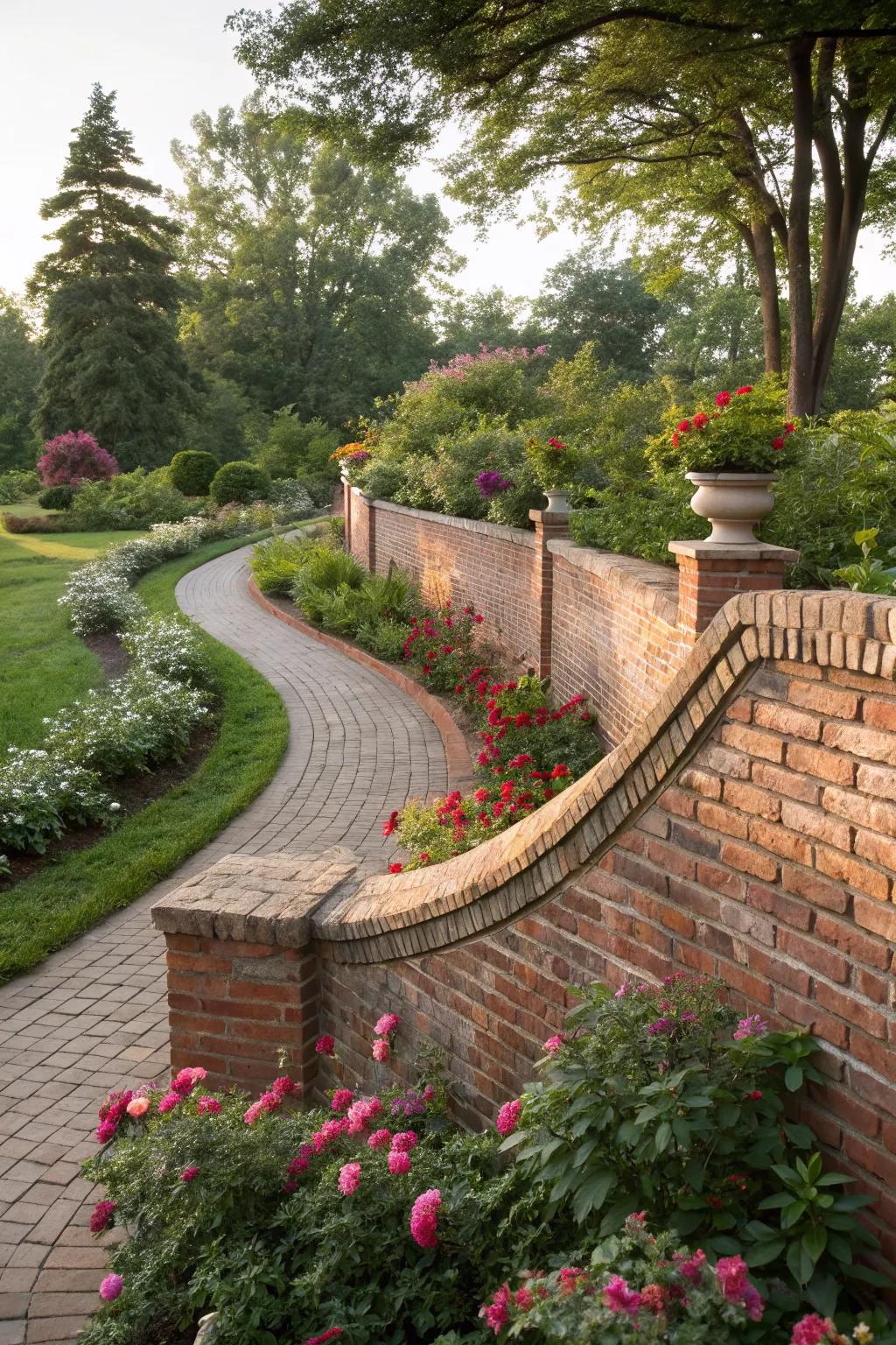 Soften your garden with curved brick wall designs.