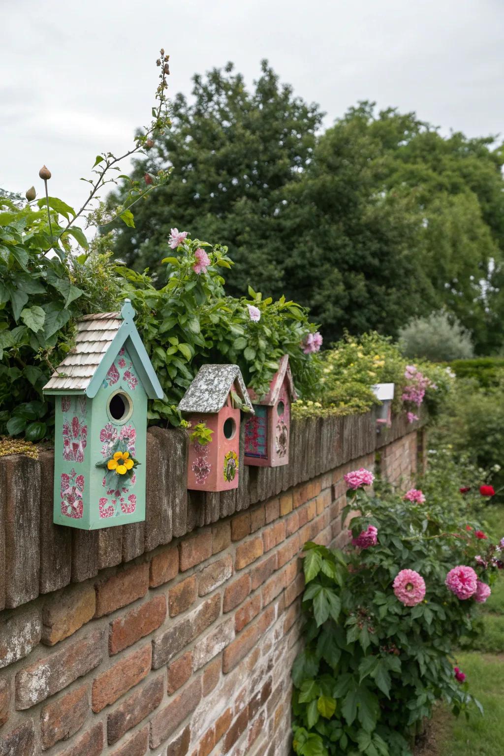Birdhouses bring life to a brick wall garden.