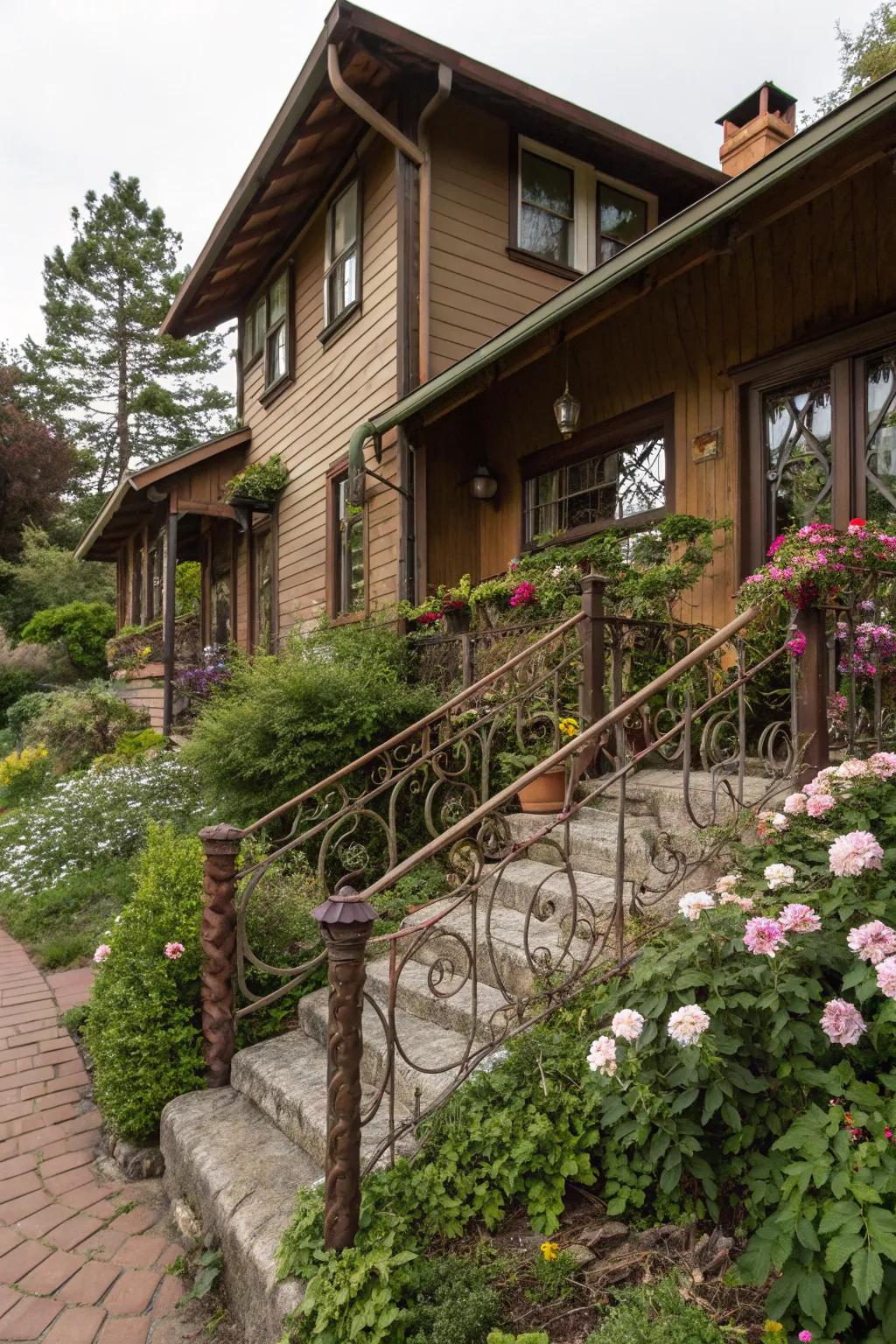 Rustic metal elements add vintage charm to a brown facade.