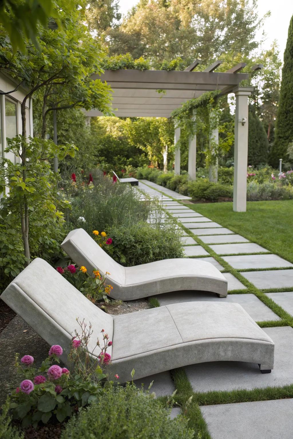Concrete slab loungers add a modern touch to gardens.