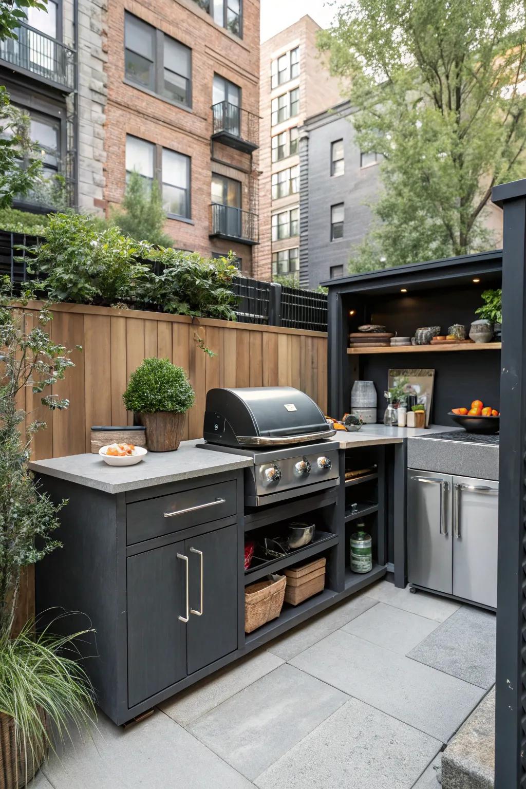 A compact urban oasis maximizes space with clever storage solutions.