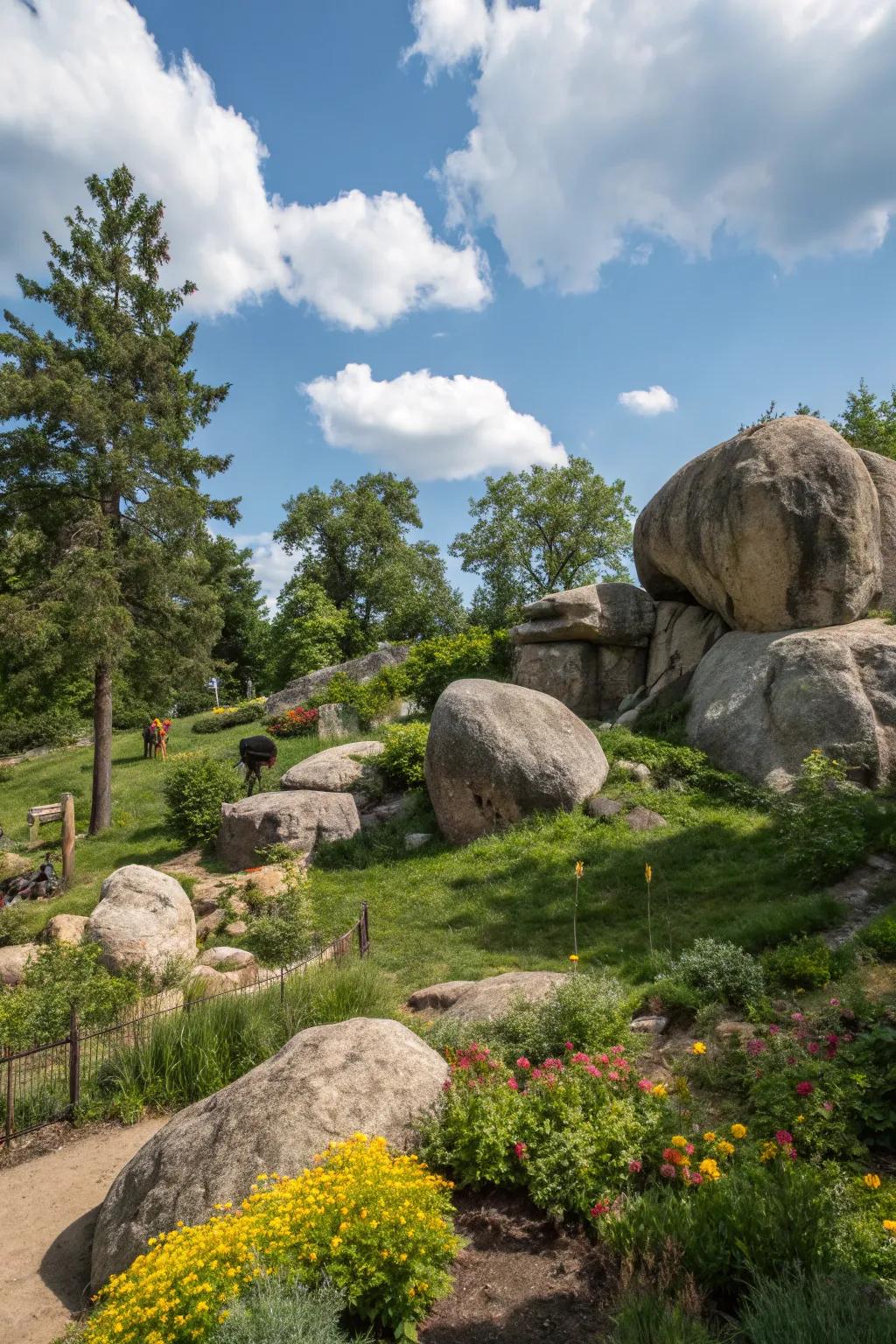 A wildlife-friendly habitat using bull rocks, inviting nature into the garden.