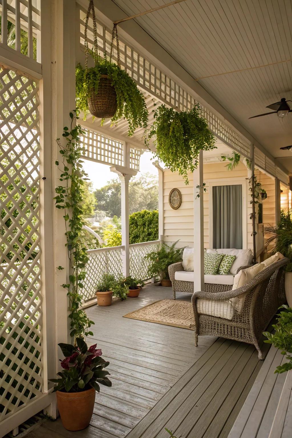 Lattice panels offer privacy without blocking light and air.