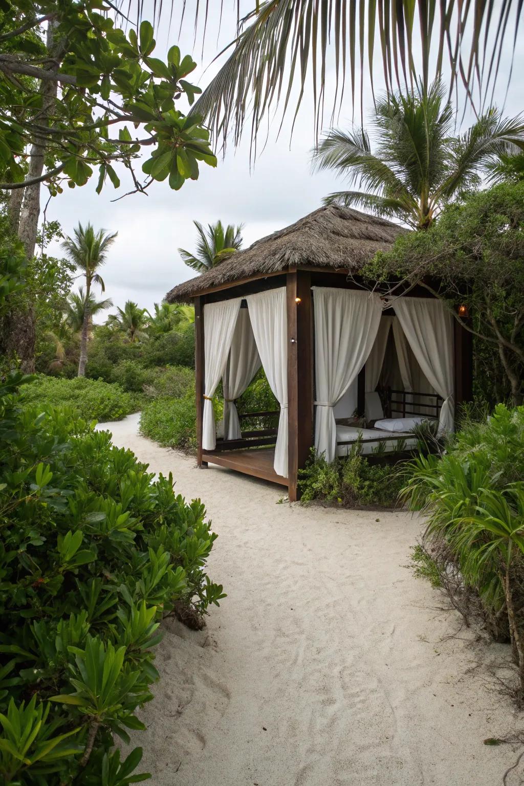 A secluded cabana featuring privacy curtains or screens for a hidden retreat.