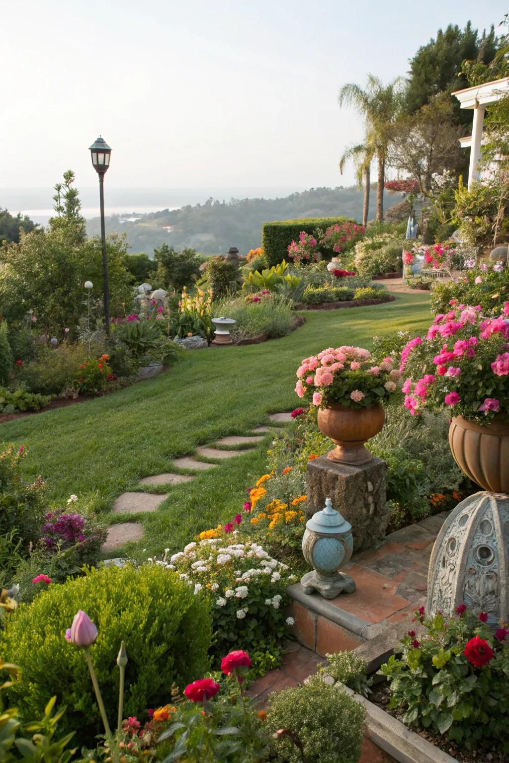 A garden showcasing personal touches with unique art and sculptures.