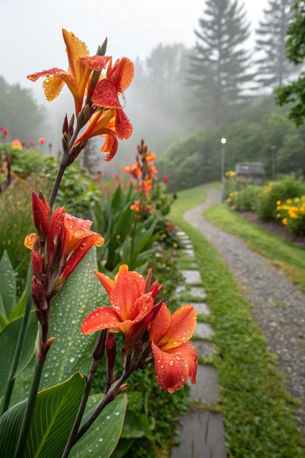Canna lilies thriving in a rain garden, adding beauty and function.