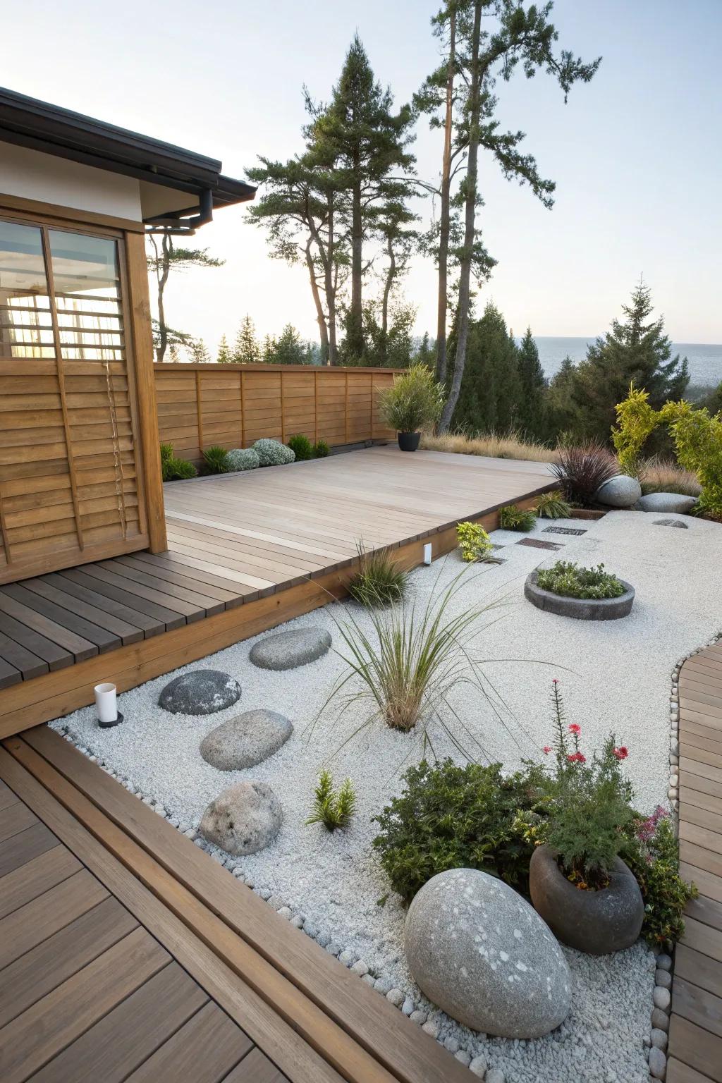 Zen garden elements bring peace to this cedar deck.
