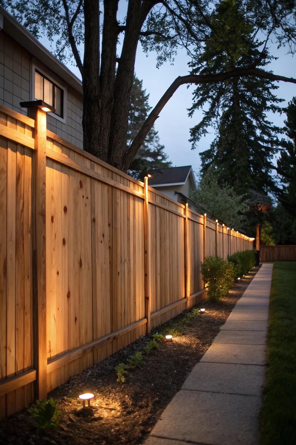 Integrated lighting adds evening ambiance to the cedar fence.