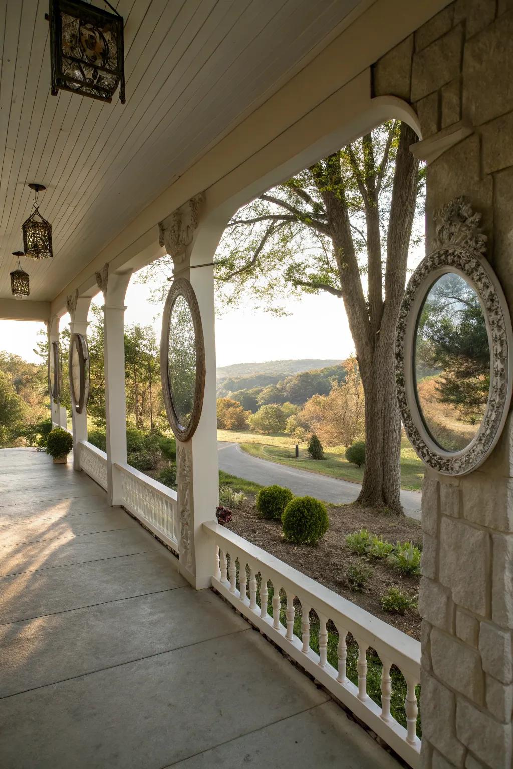Mirrors create a sense of space and light on your cement porch.