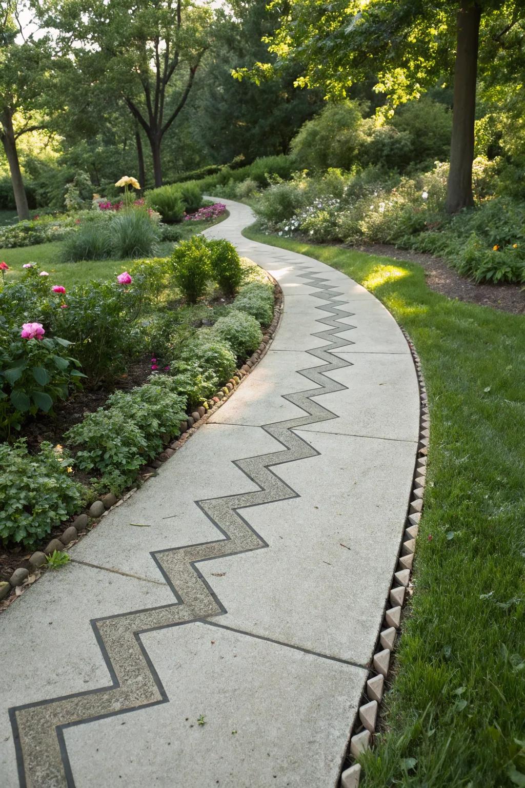 Saw-cut patterns add a playful twist to walkways.