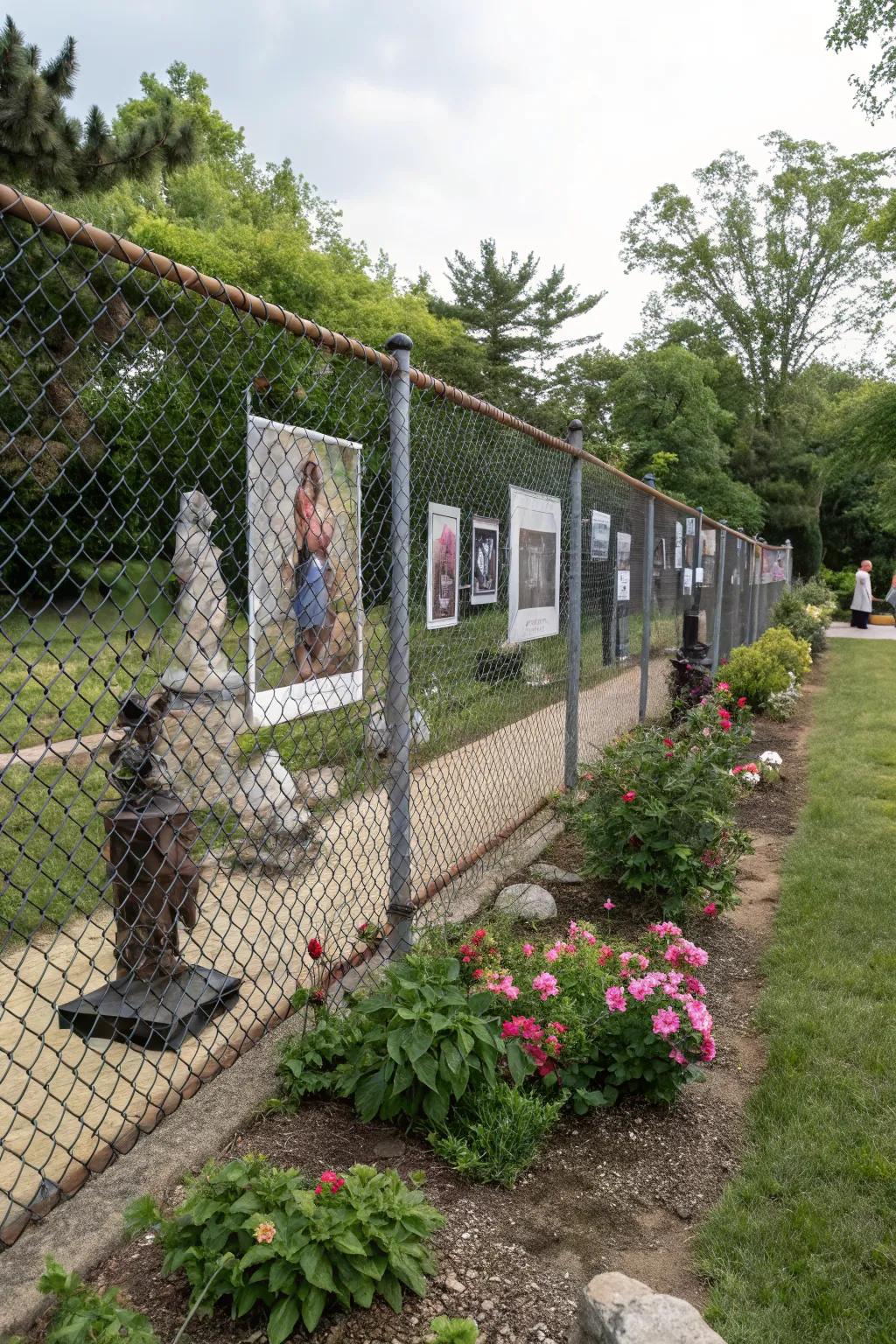 Sculptures transform chain link fences into artistic focal points in gardens.