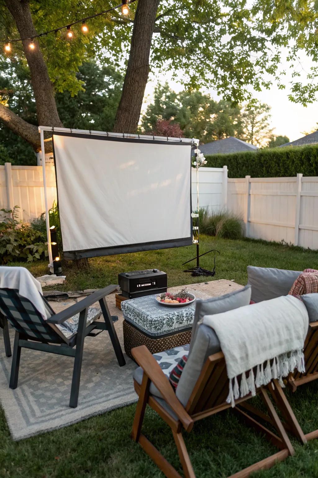 A DIY movie screen transforms the backyard into an entertainment hub.