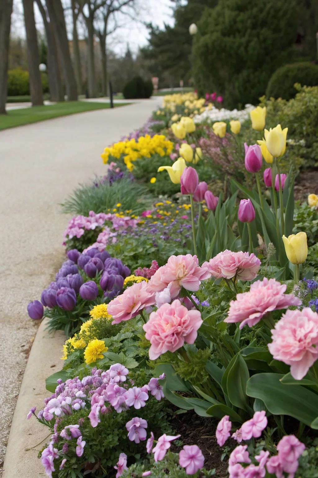 Color-themed flower beds create a unified and striking visual effect.