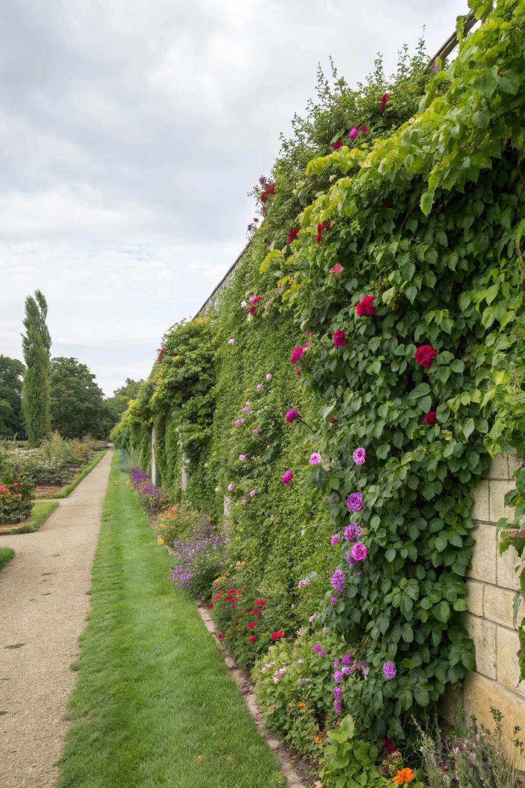 A garden wall beautifully enveloped by climbing plants.