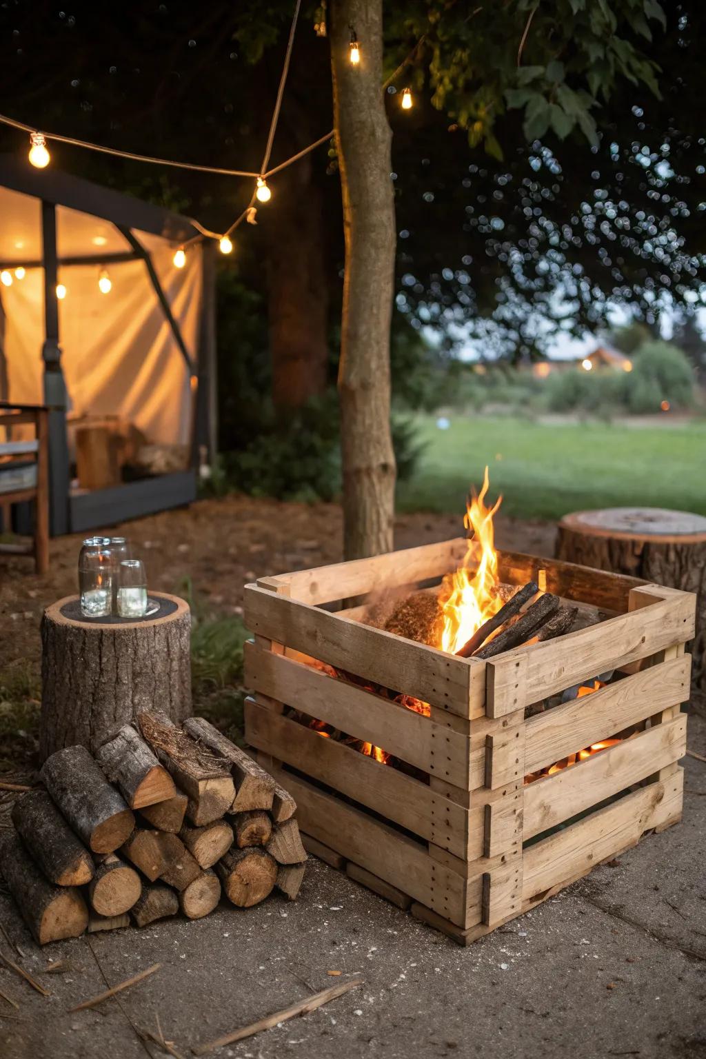Rustic charm with a wooden crate fire pit