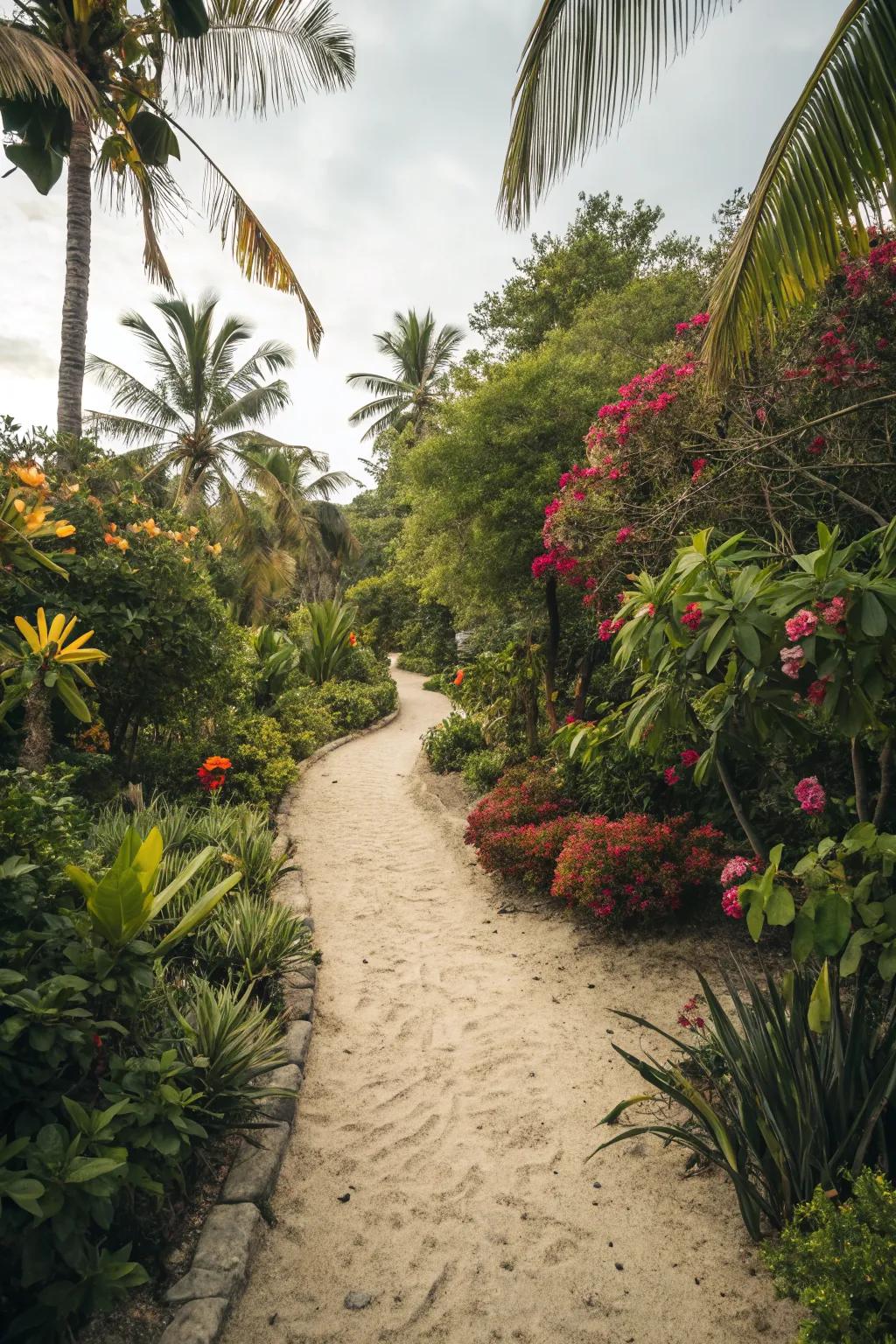 Sand paths offer a relaxed, beach-like garden experience.