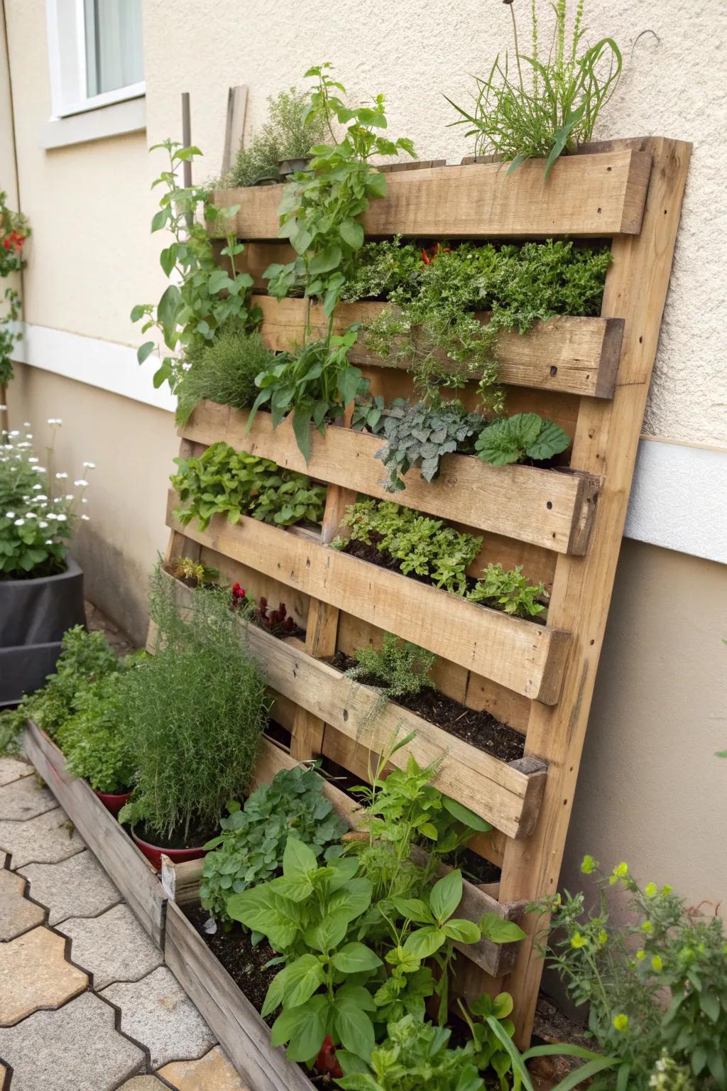 A vertical pallet garden is perfect for space-saving and efficient planting.