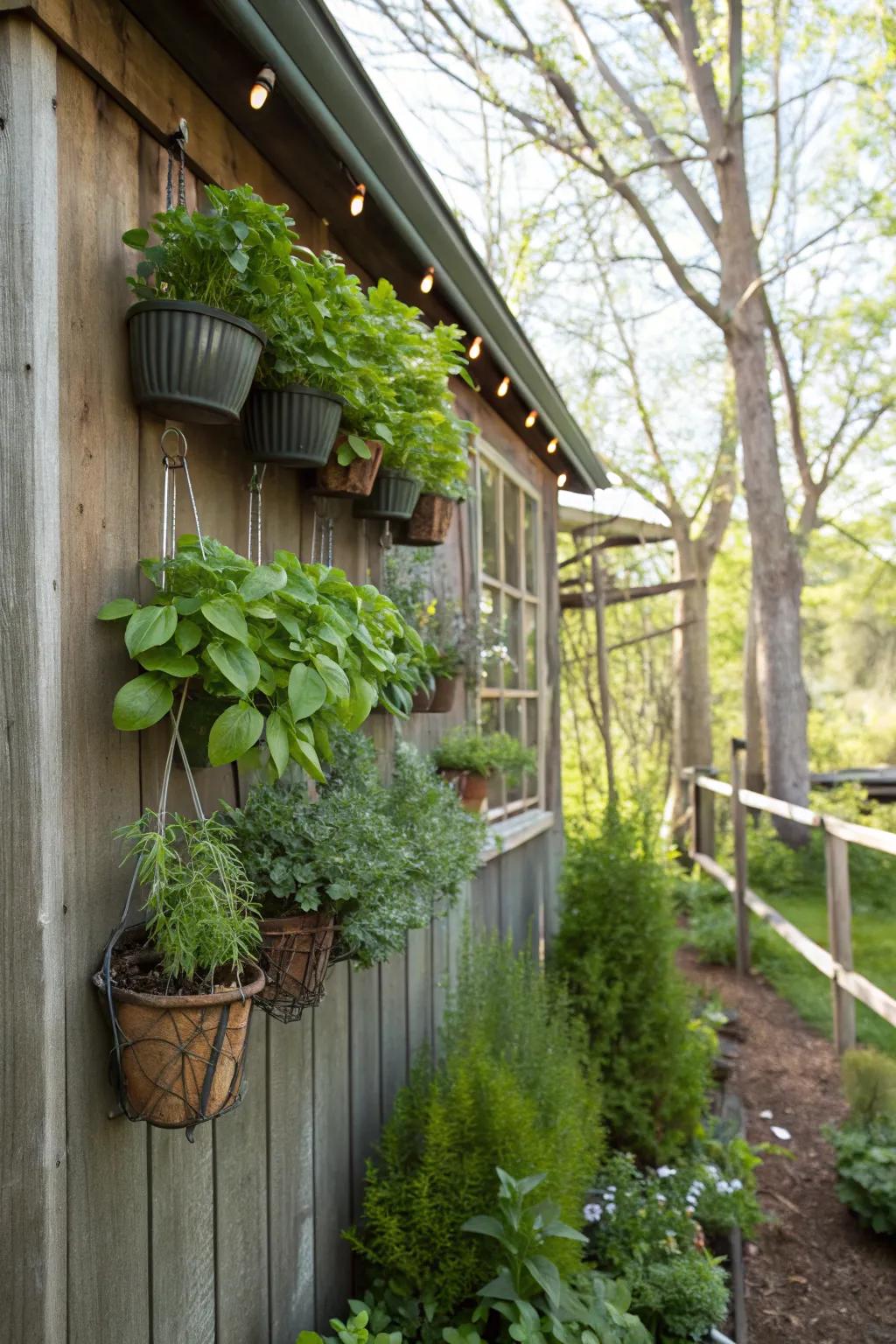 A hanging herb garden adds functionality and beauty to a shed.
