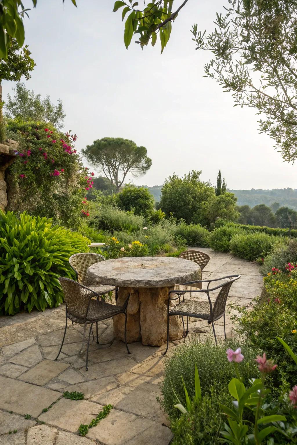 A natural stone table provides a beautiful and durable dining area.