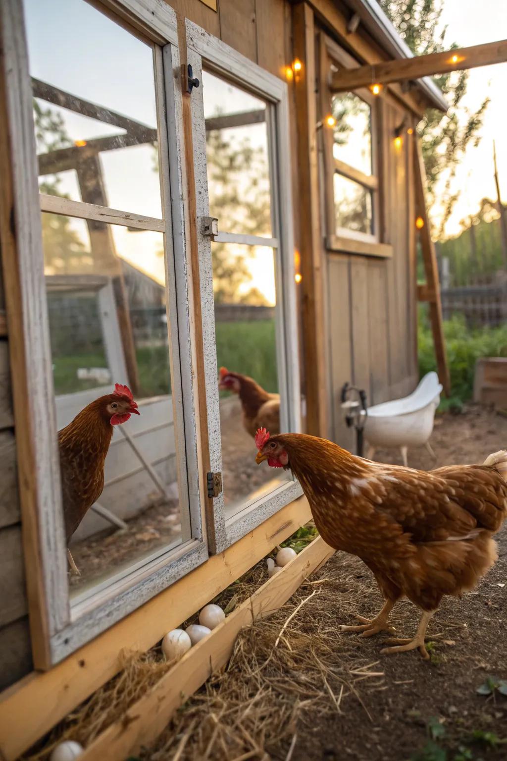 Reflective mirrors add a curious element to the coop.