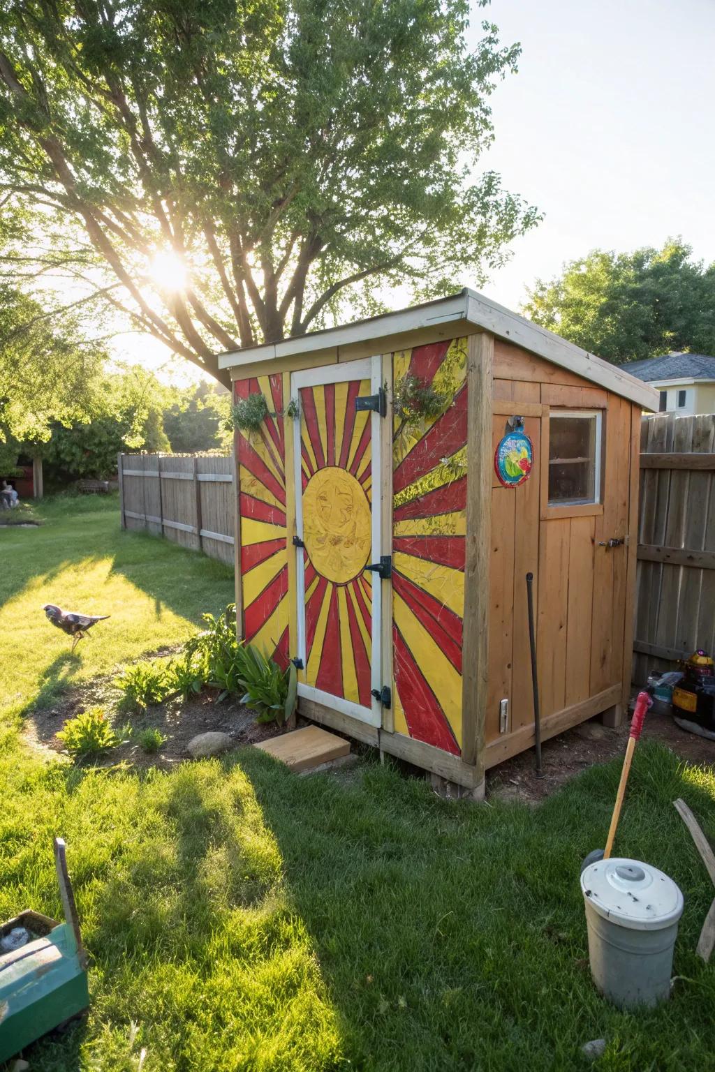 A warm and inviting chicken coop with a radiant sunburst design.
